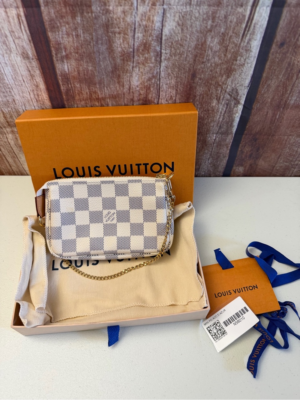 Louis Vuitton Damier Azur Mini Pochette - White/Beige with Gold Chain